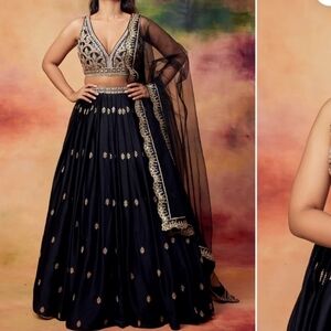 Lashkarra Black & Gold Embroidered Satin Lehenga
